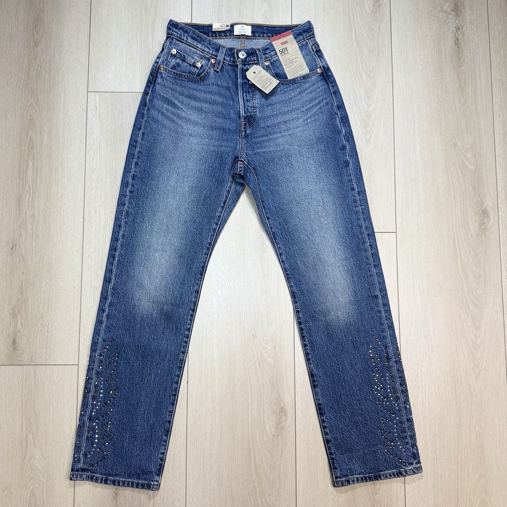 NEW! Levis 501 Curve‎ Jeans Womens W25 L30 Blue High Rise Studded Stretch Denim